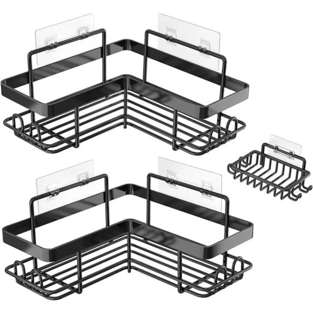 Adhesive Corner Shower Caddy, 3 Pack Organizer Shelf with Soap Holder & 12 Hooks